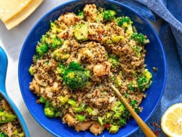 Step 4 Parmesan stirred into warm broccoli quinoa skillet and served in a bowl.