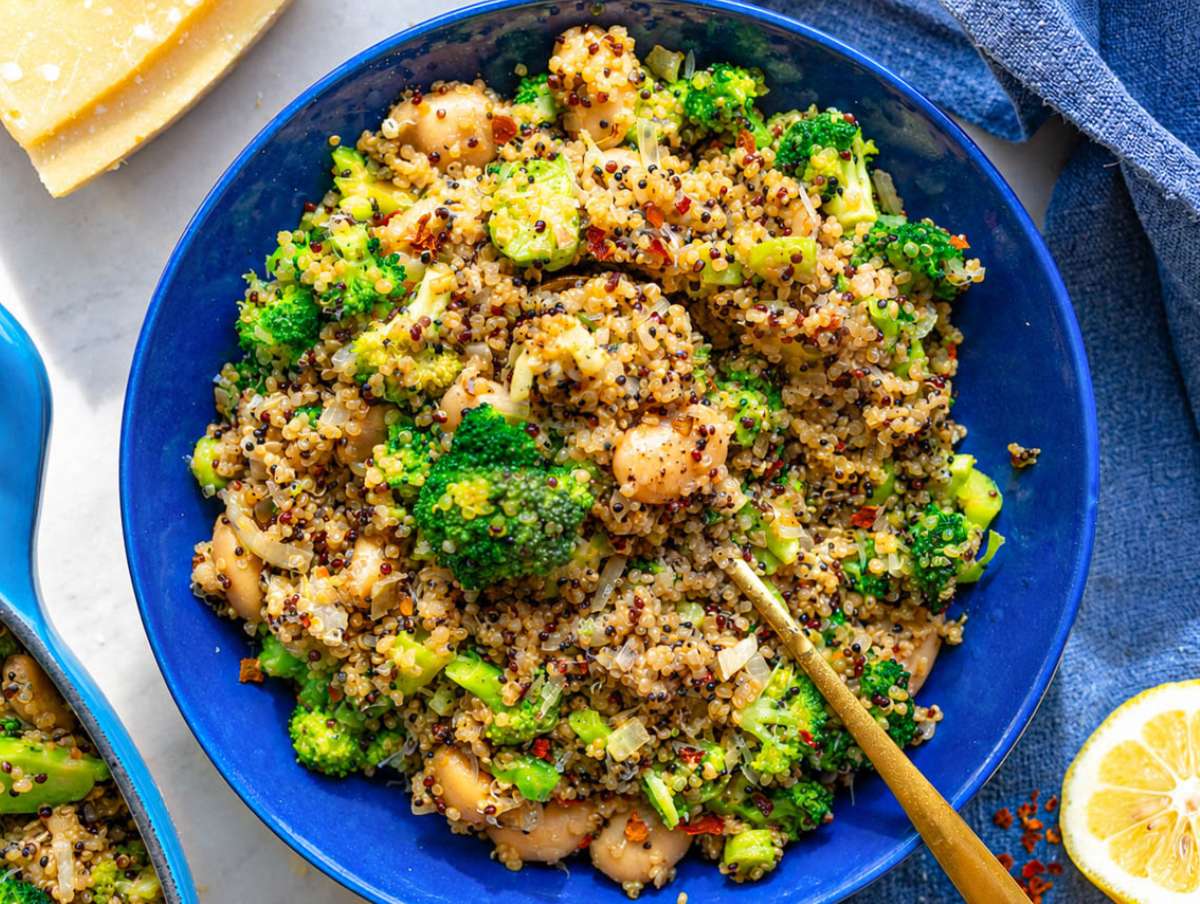 Step 4 Parmesan stirred into warm broccoli quinoa skillet and served in a bowl.