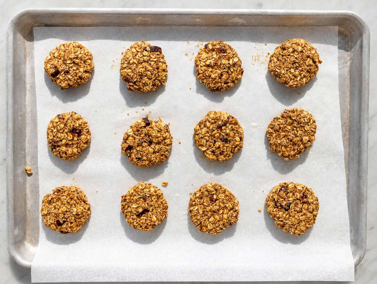 Step 4 Shaping Healthy Oatmeal Date Cookies on parchment-lined baking sheet before baking.