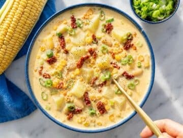 Step 5 Corn chowder garnished with green onions, sun-dried tomatoes, and lemon juice.
