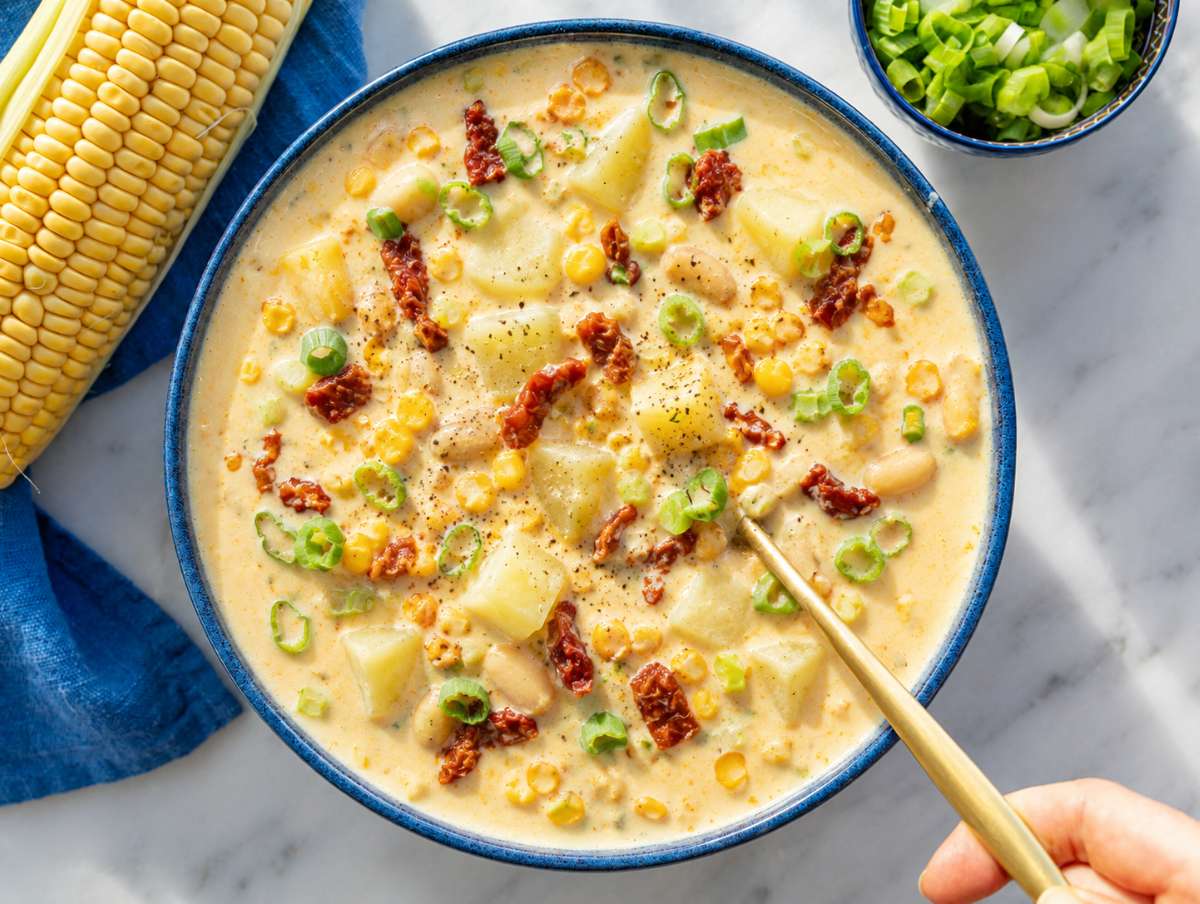 Step 5 Corn chowder garnished with green onions, sun-dried tomatoes, and lemon juice.