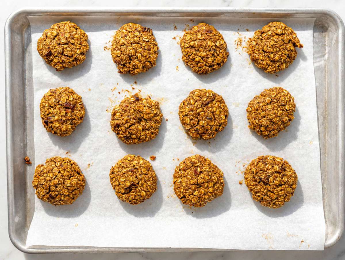Step 5 Freshly baked Oatmeal Date Cookies cooling on a baking tray.