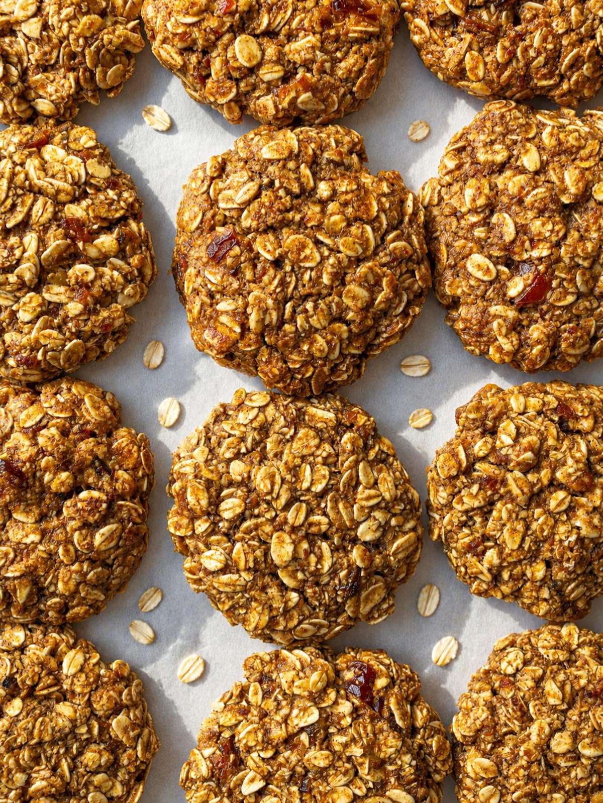 Top down of Healthy Oatmeal Date Cookie showing soft date bits.