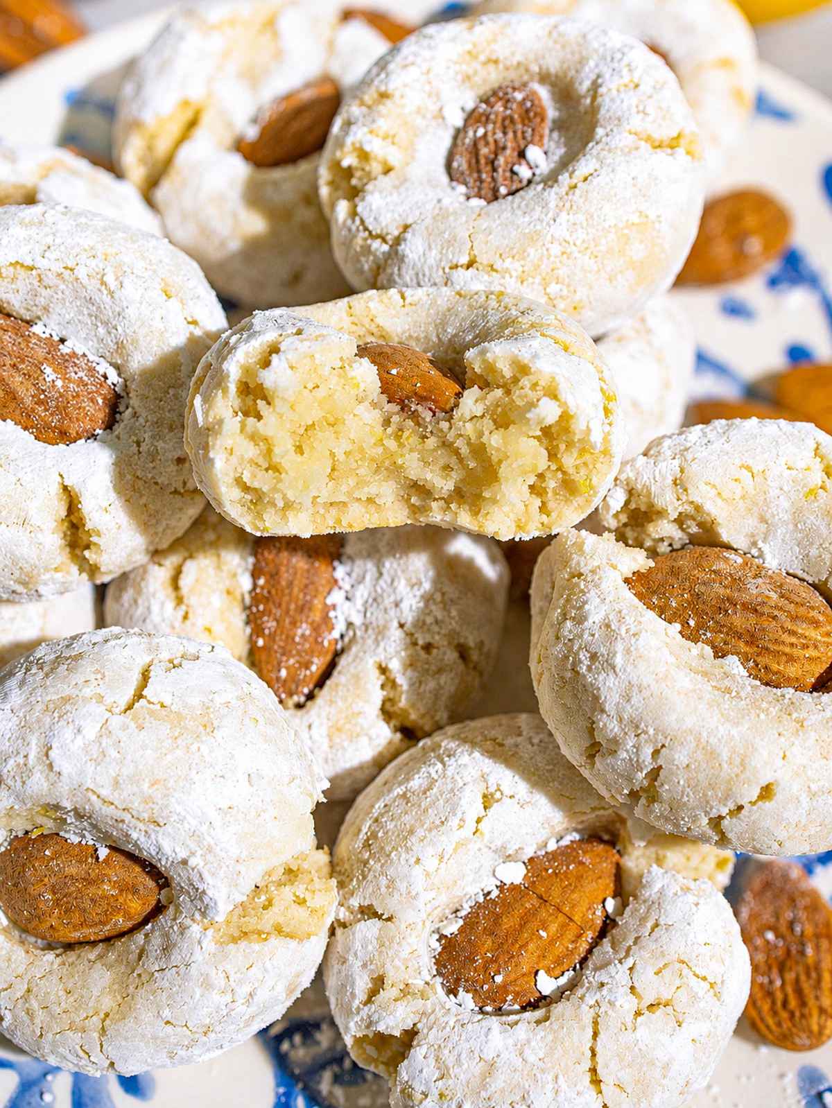 Close-up Lemon Almond Cookie showing its soft, moist, marzipan-like center.