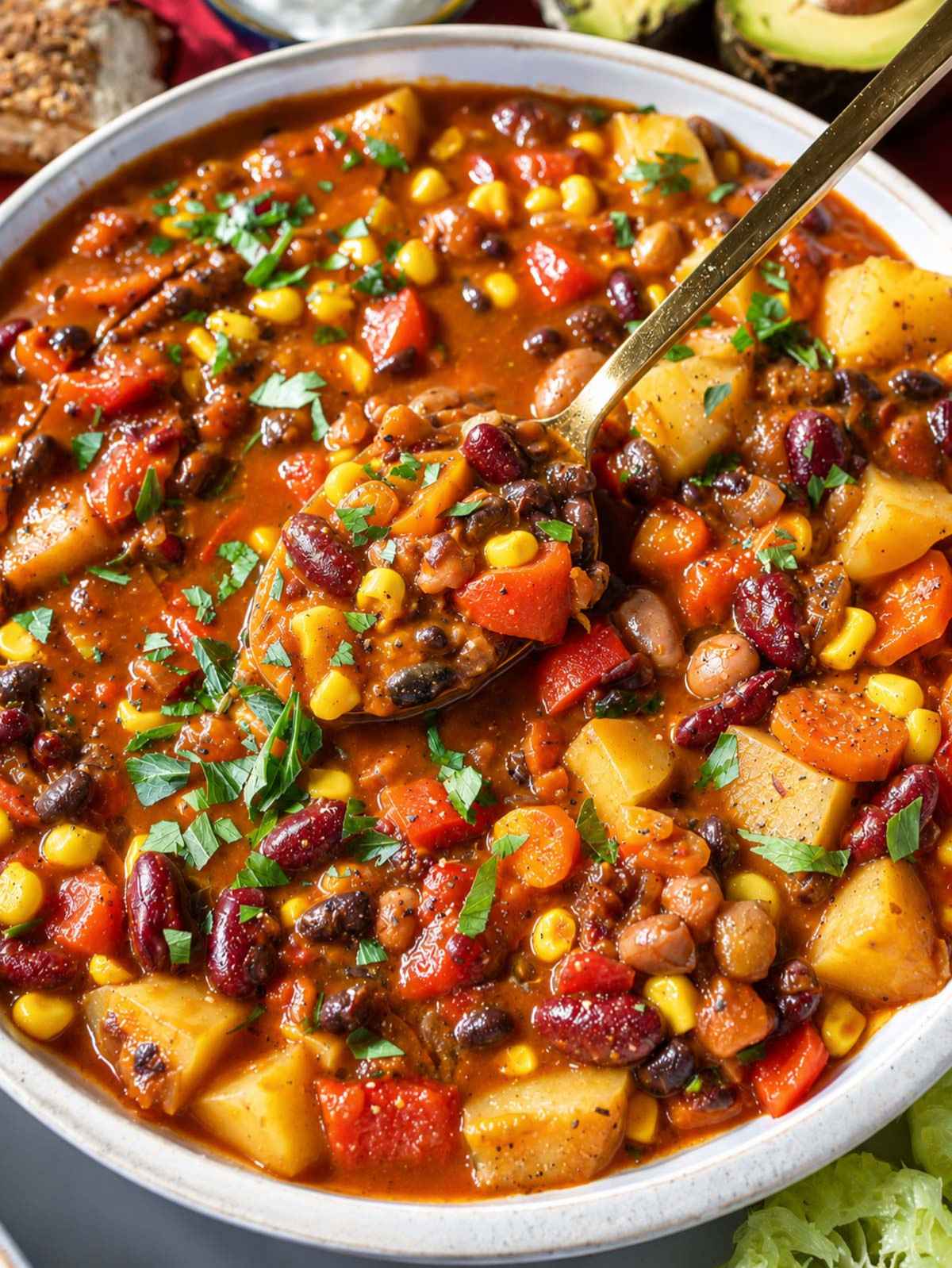 Close-up of Cowboy Bean Soup with tender beans, potatoes, and corn.