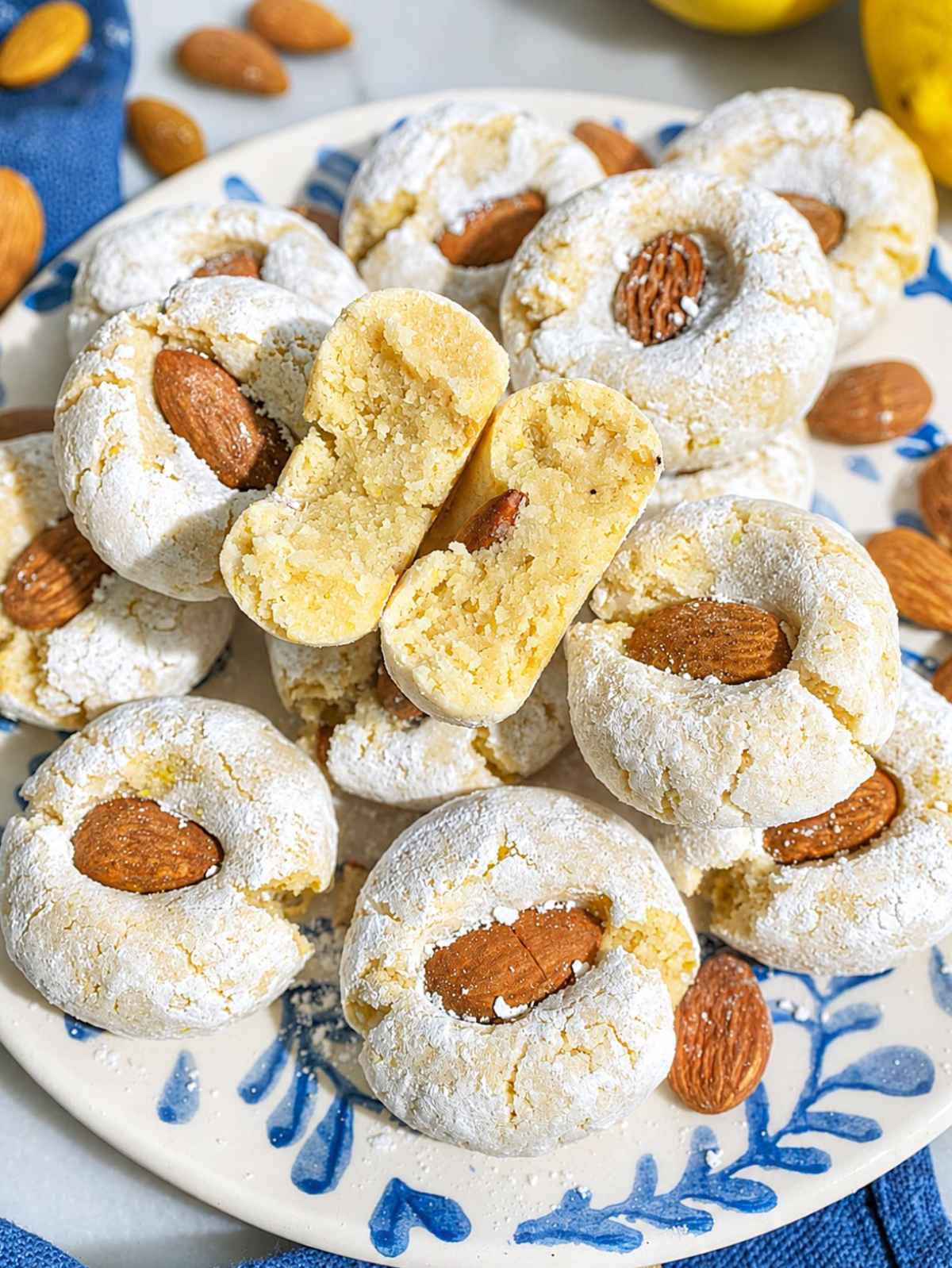 Close-up of Lemon Almond Cookies showing its soft, moist, marzipan-like center.