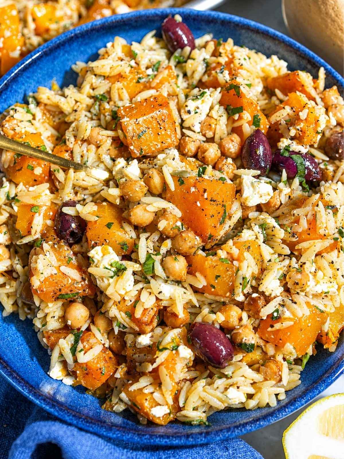 Close-up of bowl with glossy orzo, caramelized squash, chickpeas, feta, and parsley.