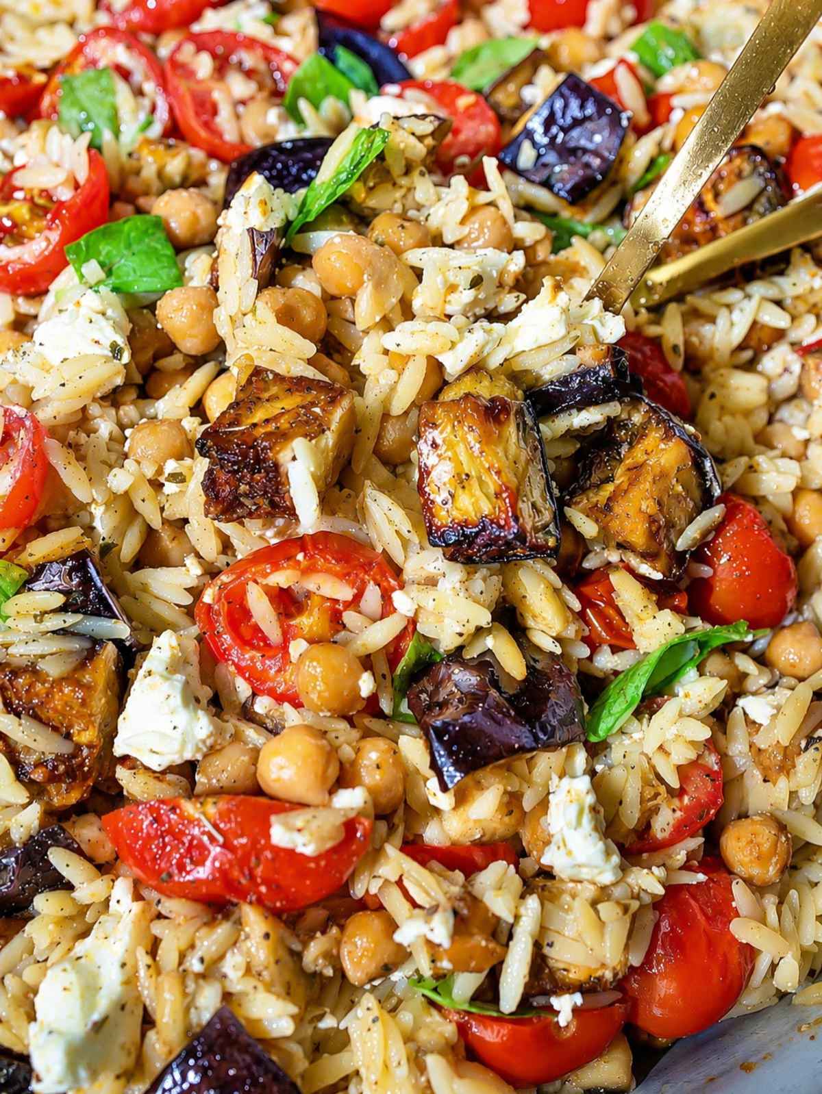 Close-up of creamy orzo with caramelized eggplant, tomatoes, chickpeas, and feta.