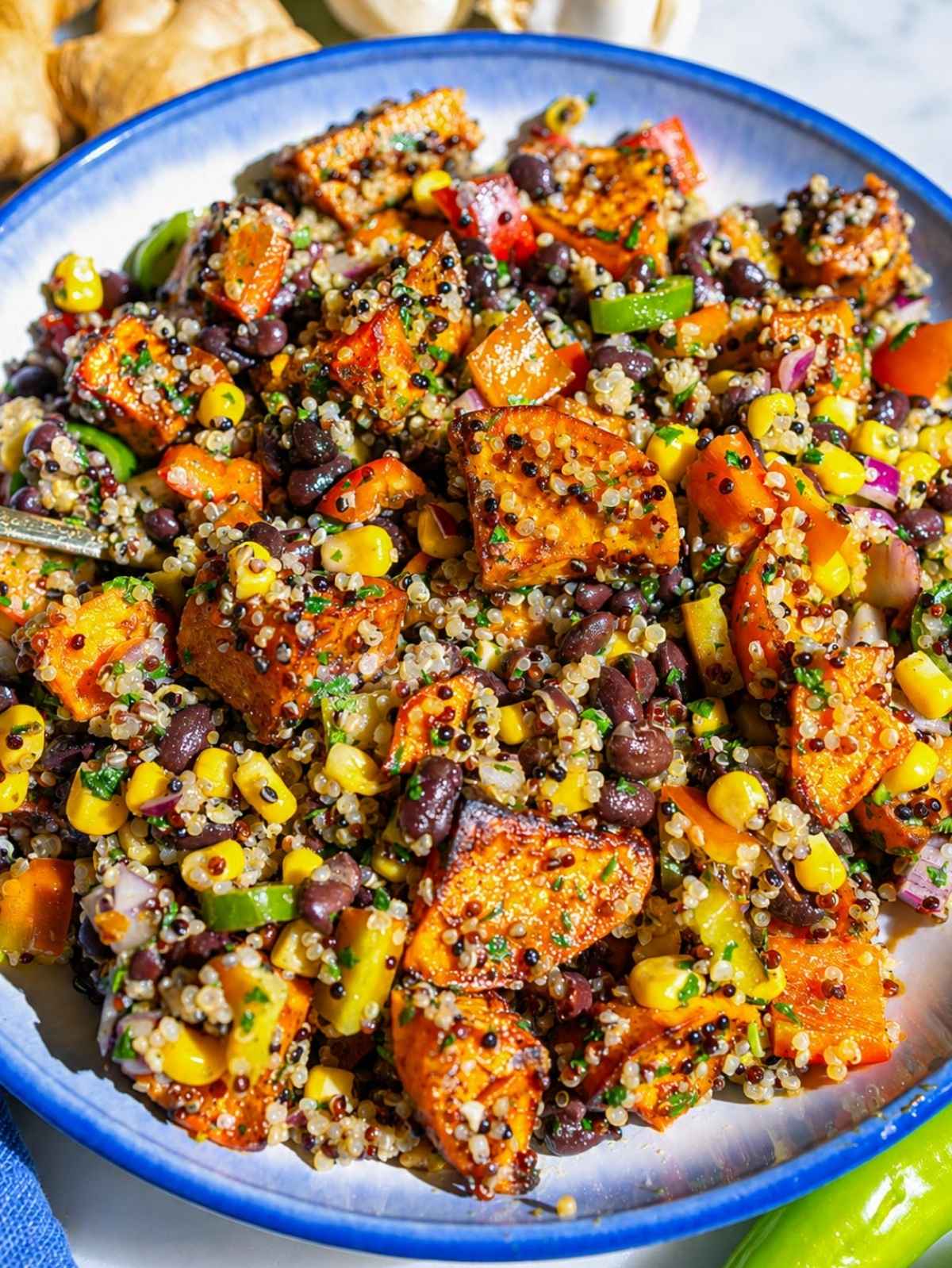 Close-up of glossy sweet potatoes, quinoa, black beans, corn, and cilantro