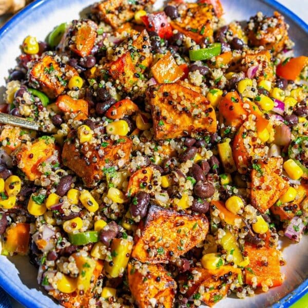 Colorful Mexican quinoa salad with roasted sweet potatoes and black beans