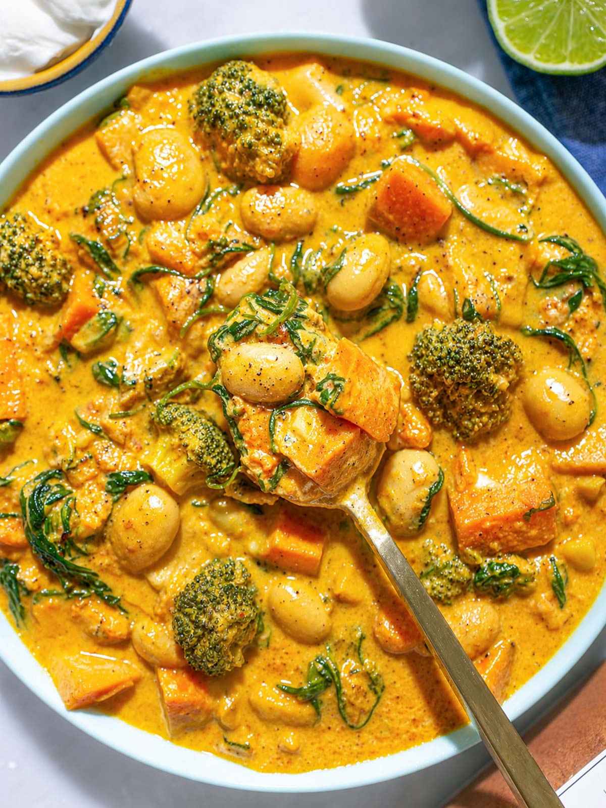 Creamy Greek yogurt vegetable curry with tender vegetables, lime, and yogurt.