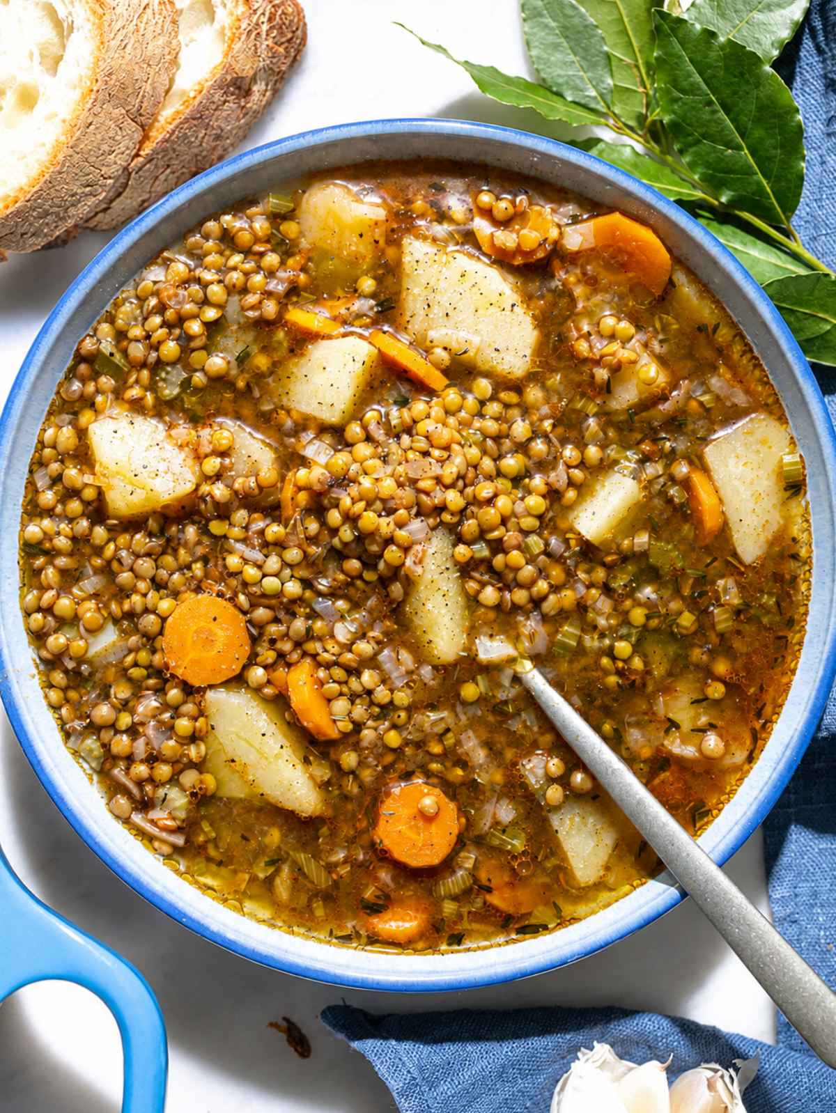 French lentil soup in a bowl with tender lentils, potatoes, and carrots.