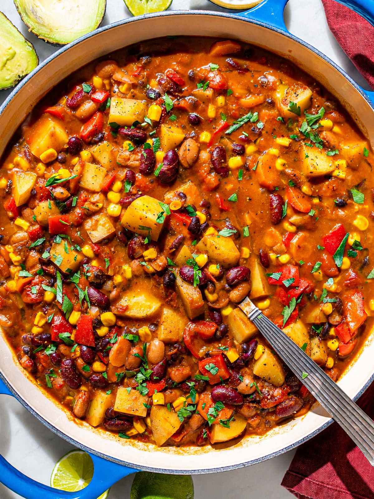 Hearty Cowboy Bean Soup with beans, potatoes, corn, and vegetables.