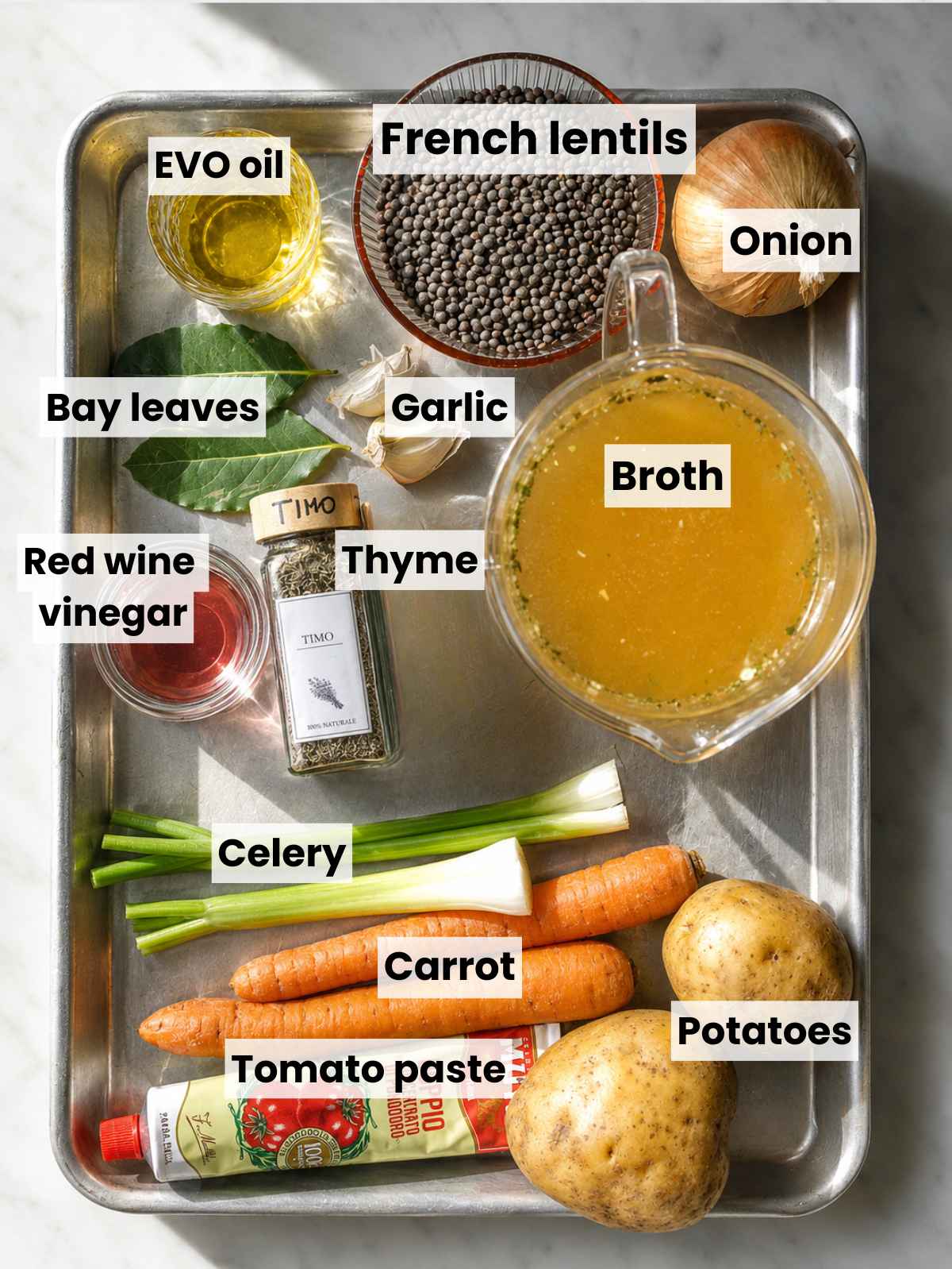 Ingredient overview easy french lentil soup in natural light.