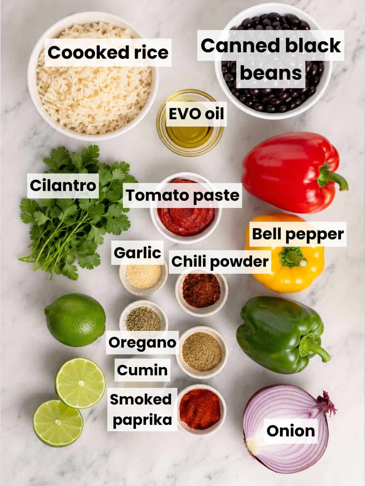 Ingredients for fajita bowl with bell peppers and black beans.