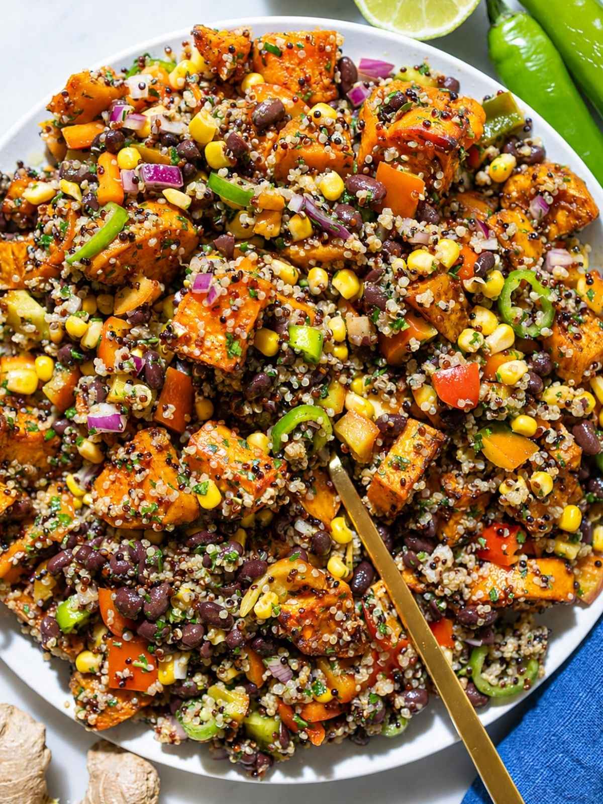 Mexican quinoa salad with sweet potatoes, black beans, corn, and peppers.