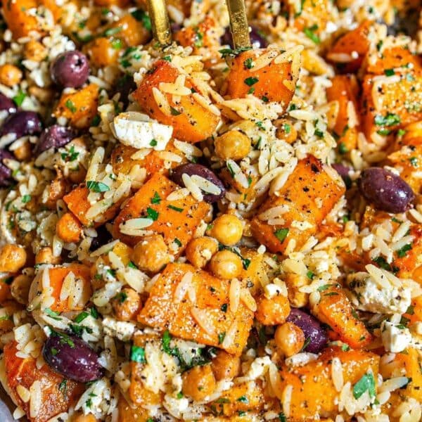 Roasted Butternut Squash Orzo with golden butternut squash, chickpeas, feta, and olives.