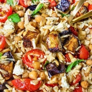 Roasted charred eggplant orzo topped with feta and basil in natural light.