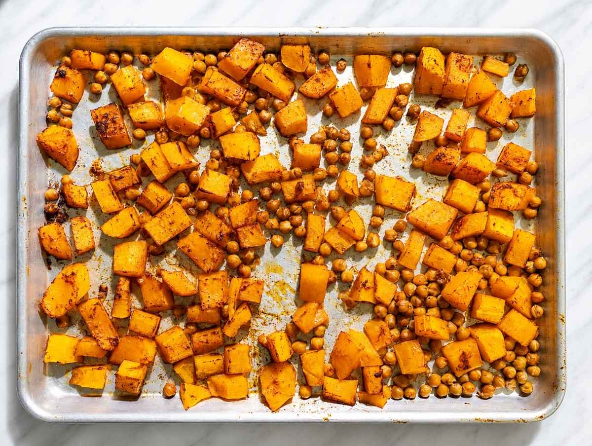 Step 1 Butternut squash and chickpeas roasted until golden and caramelized.