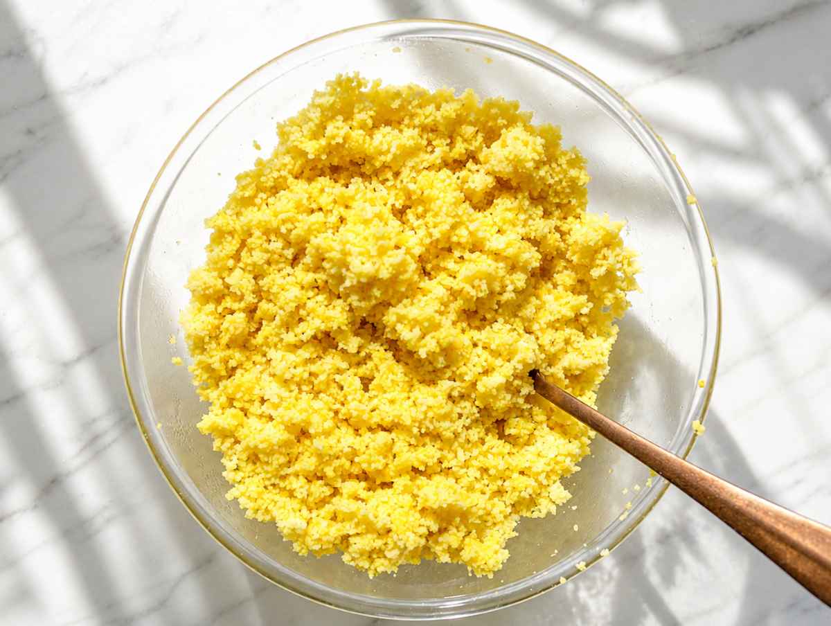 Step 1 Couscous soaking in hot water with turmeric before fluffing with a fork.