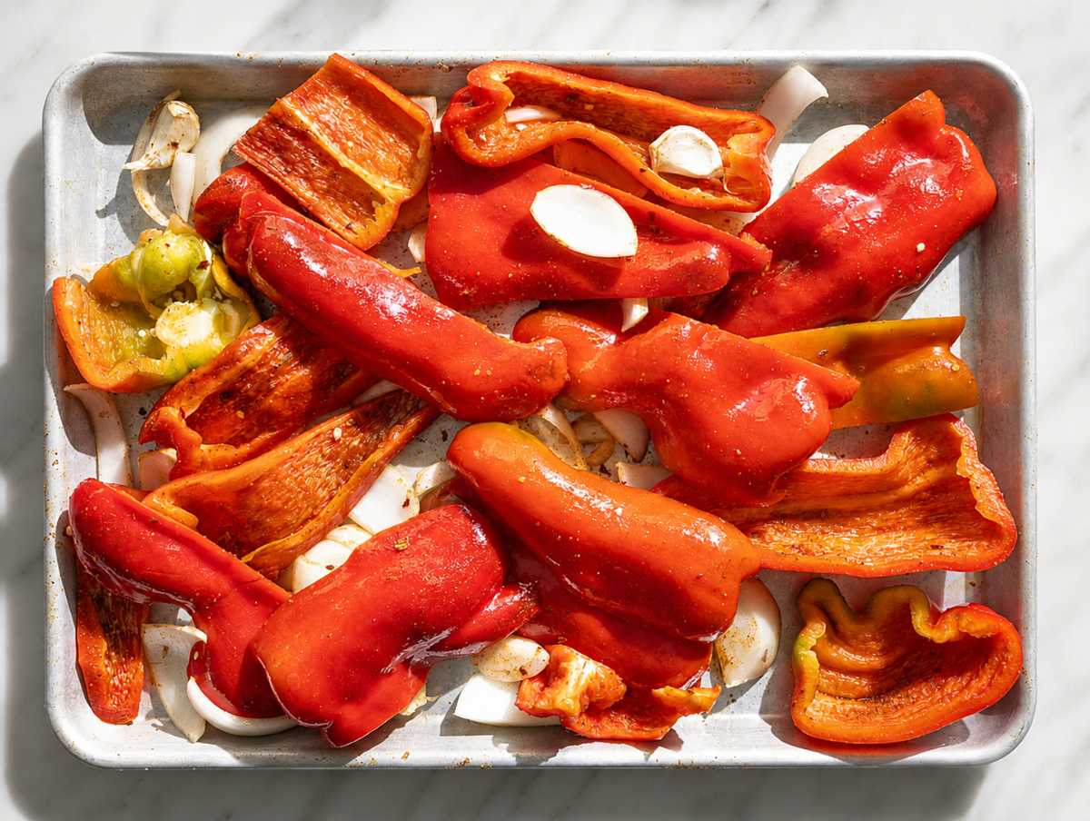 Step 1 Red peppers, onion, and garlic roasting with olive oil and spices.