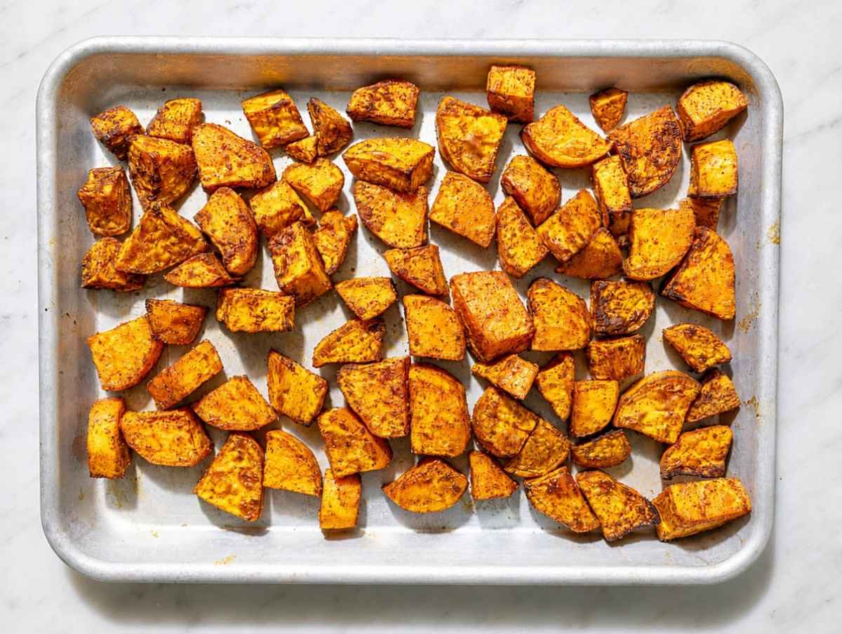 Step 1 Seasoned sweet potato cubes roasted until tender and lightly caramelized