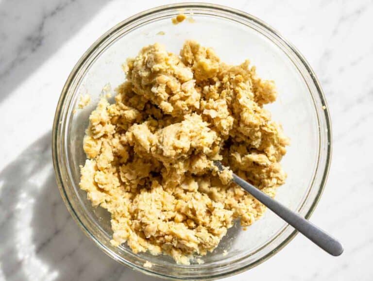 Step 2 Chickpeas mashed into cooked potatoes with some chickpea pieces remaining.