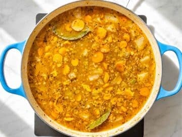 Step 2 French lentils and diced potatoes gently simmering in savory vegetable broth.