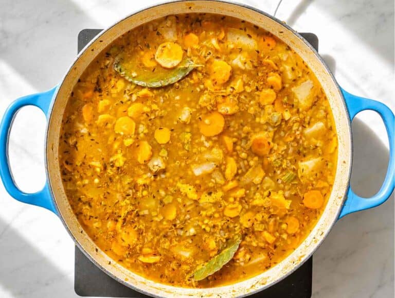 Step 2 French lentils and diced potatoes gently simmering in savory vegetable broth.