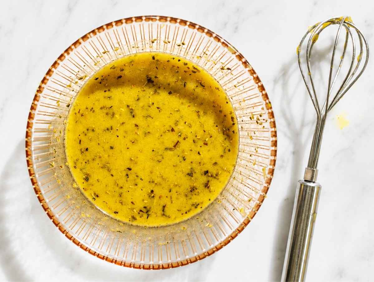 Step 2 Lemon mustard dressing in a glass bowl.