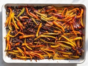 Step 2 Roasted black beans, peppers, and onions with lightly charred edges.