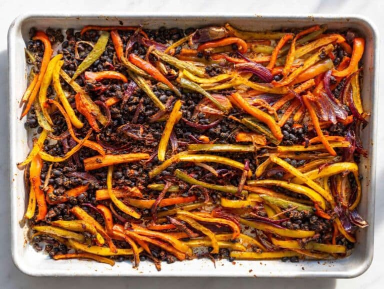 Step 2 Roasted black beans, peppers, and onions with lightly charred edges.