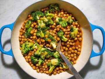 Step 3 Chickpeas, garlic, and ginger cooking alongside tender-crisp broccoli.