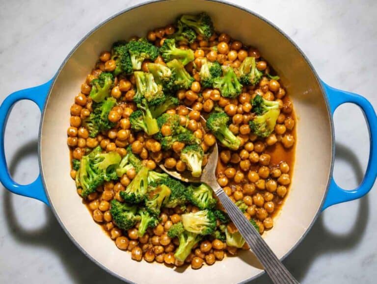Step 3 Chickpeas, garlic, and ginger cooking alongside tender-crisp broccoli.