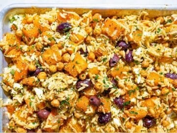 Step 3 Hot orzo tossed with roasted squash, chickpeas, feta, and dressing.