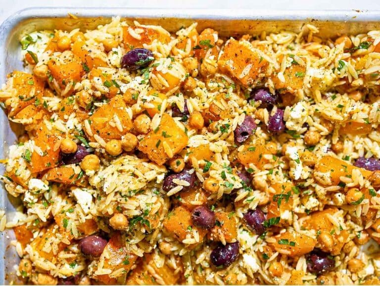 Step 3 Hot orzo tossed with roasted squash, chickpeas, feta, and dressing.