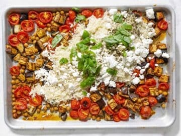 Step 3 Hot orzo with roasted vegetables, feta, herbs, and dressing.