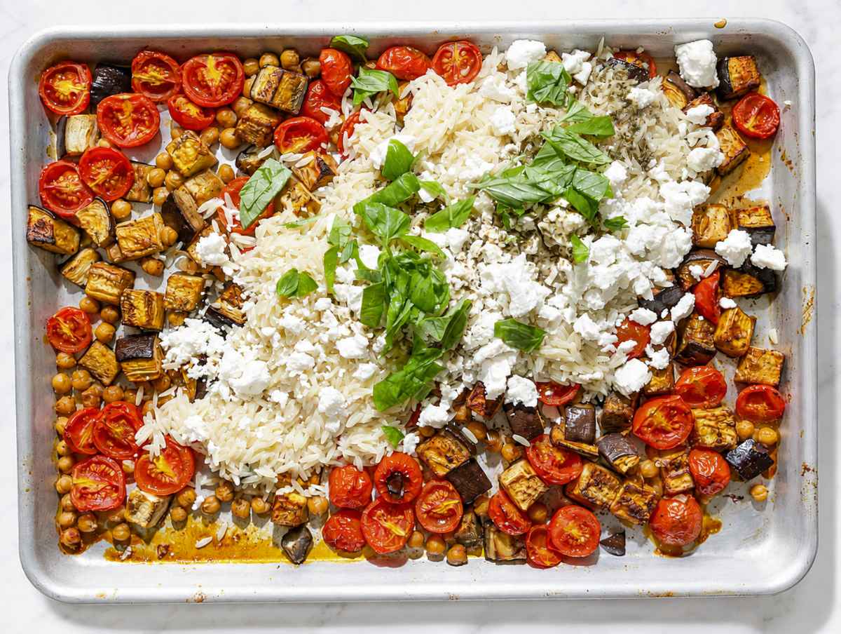 Step 3 Hot orzo with roasted vegetables, feta, herbs, and dressing.