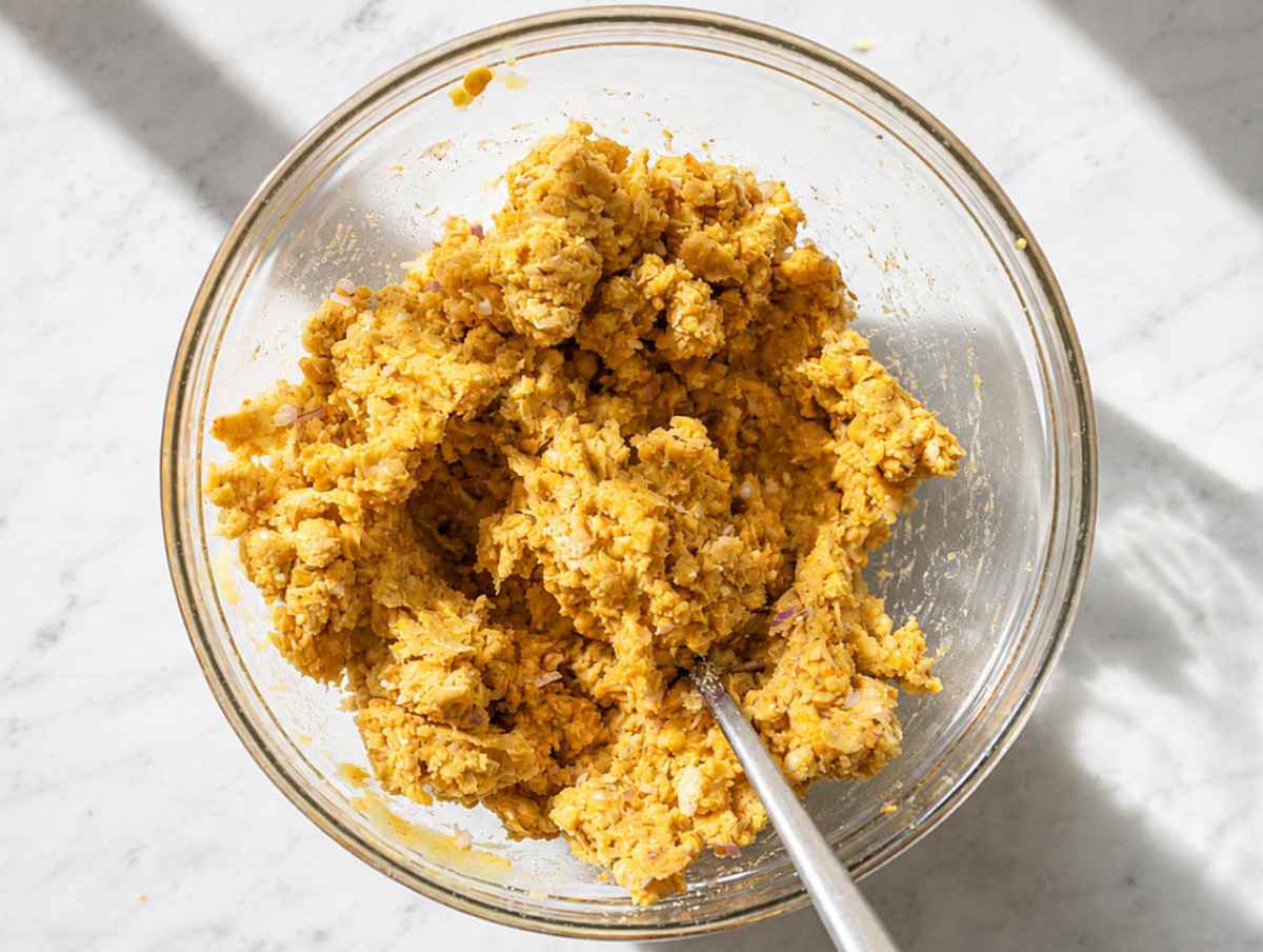 Step 3 Parmesan, egg, onion, garlic, oregano, and paprika mixed into mashed chickpeas.