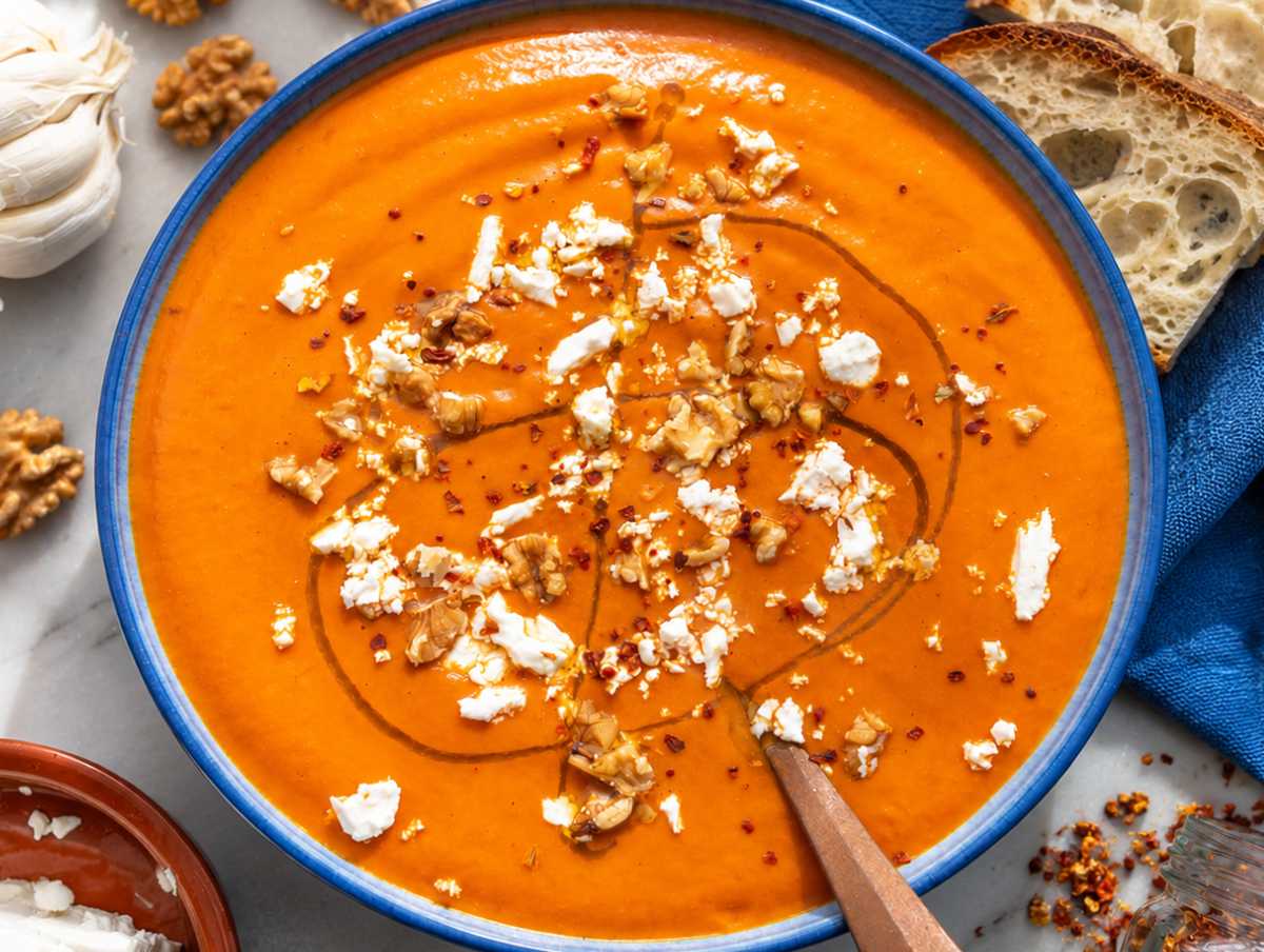 Step 3 Roasted red pepper soup topped with walnuts, feta, and olive oil.