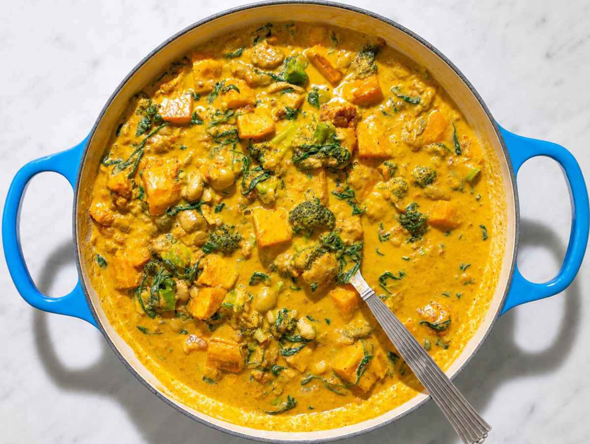 Step 3 Spinach and Greek yogurt stirred into the curry off the heat until the sauce becomes smooth.