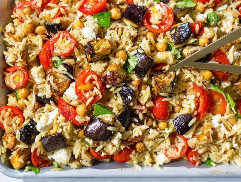 Step 4 Finished roasted eggplant orzo with softened feta and fresh basil.