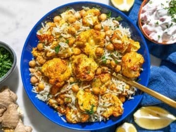Step 4 Rice tossed with roasted cauliflower, chickpeas, cilantro, and fresh lemon juice.