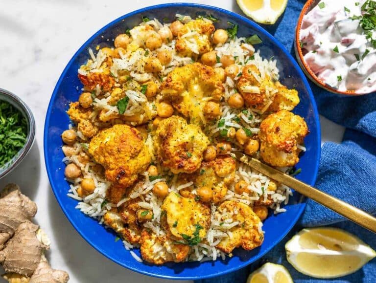 Step 4 Rice tossed with roasted cauliflower, chickpeas, cilantro, and fresh lemon juice.