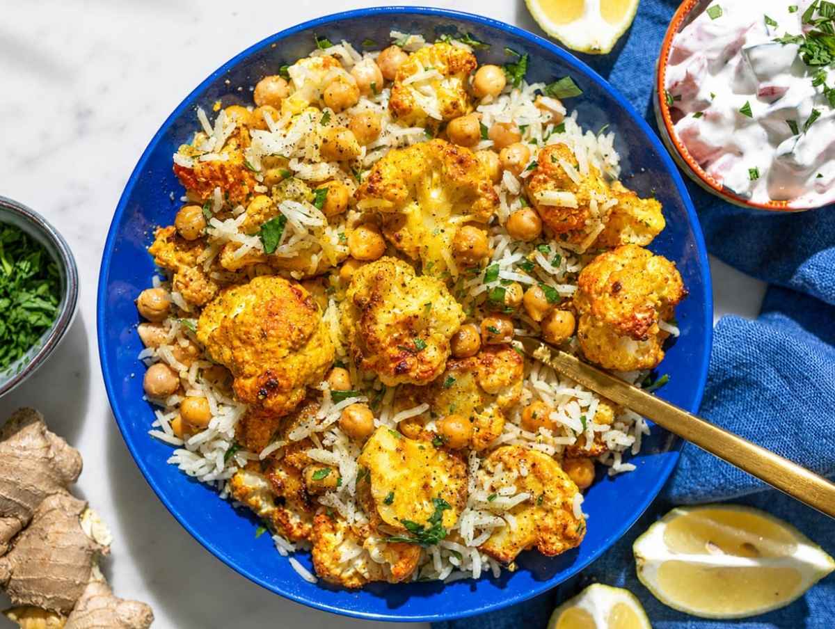 Step 4 Rice tossed with roasted cauliflower, chickpeas, cilantro, and fresh lemon juice.