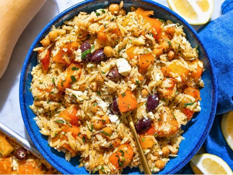 Step 4 Roasted Butternut Squash Orzo finished with feta, parsley, and lemon.