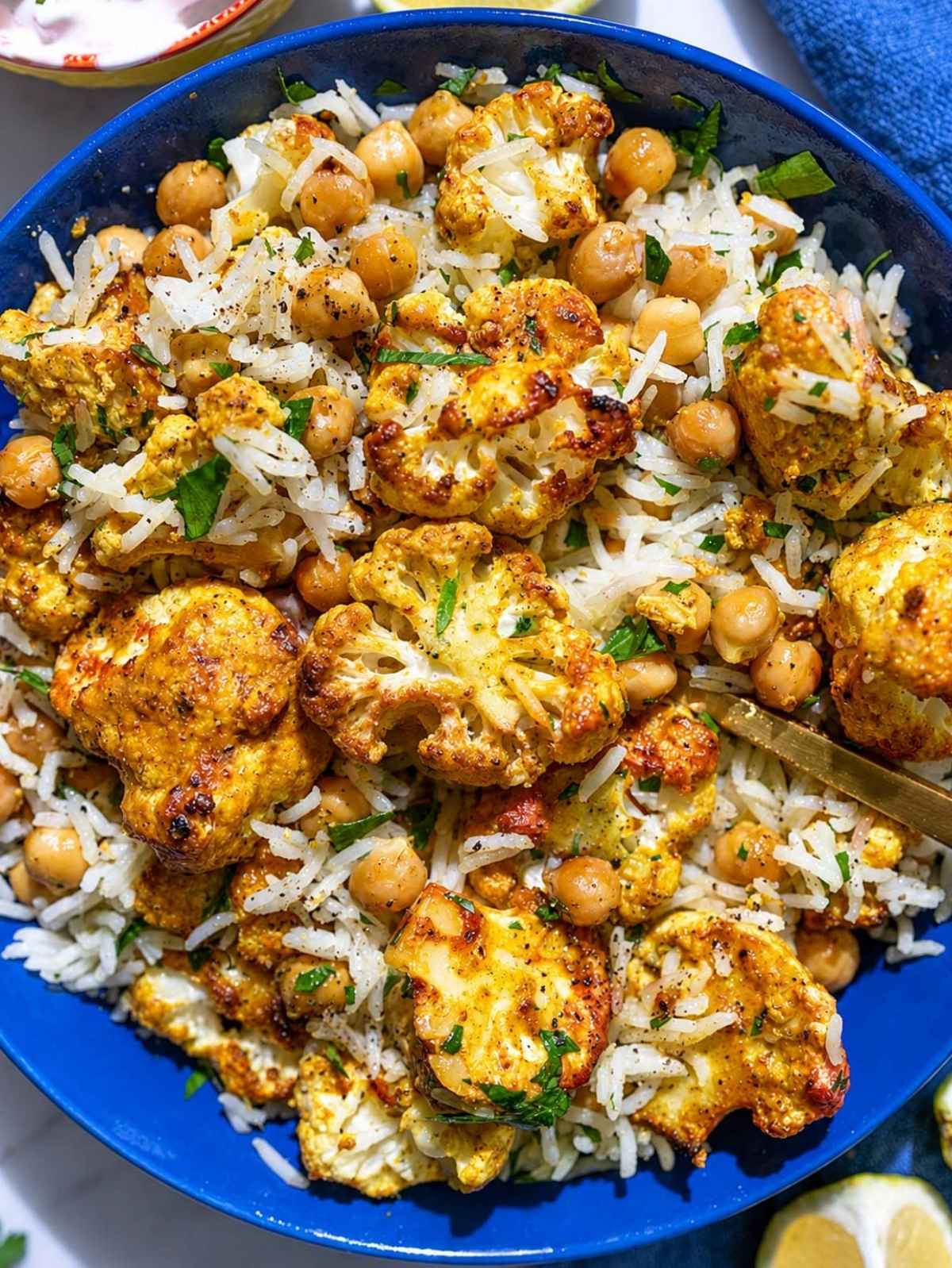 Tandoori cauliflower bowls with roasted cauliflower, chickpeas, rice, cilantro, and raita.