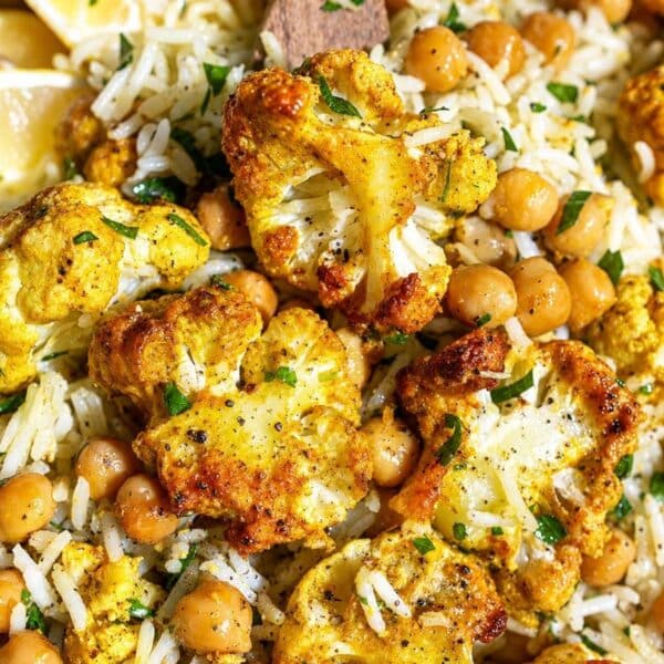 Tandoori cauliflower with roasted cauliflower, chickpeas, basmati rice, and spatula.
