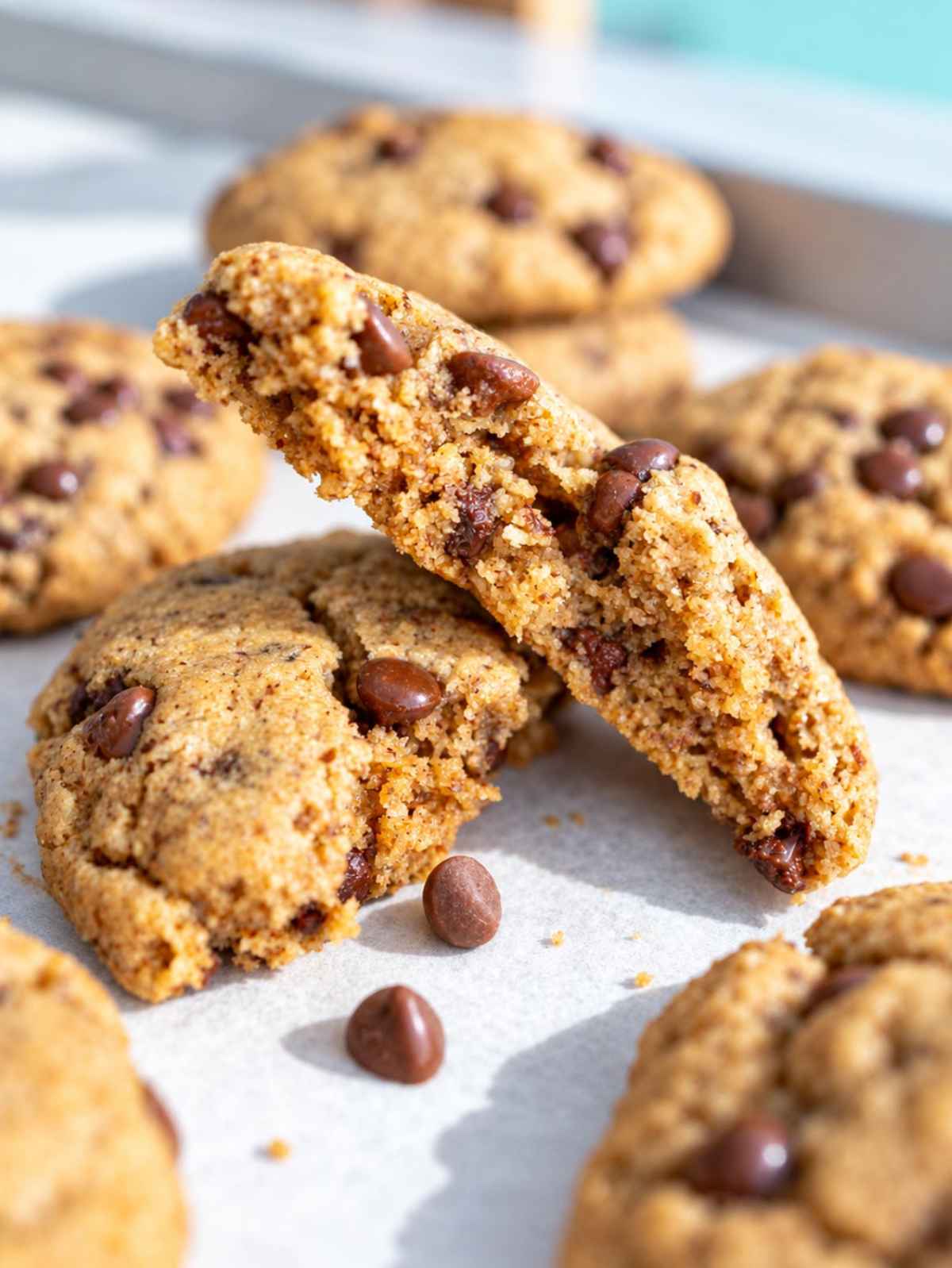 Close-up of open almond butter cookie with glossy melted chocolate chips.