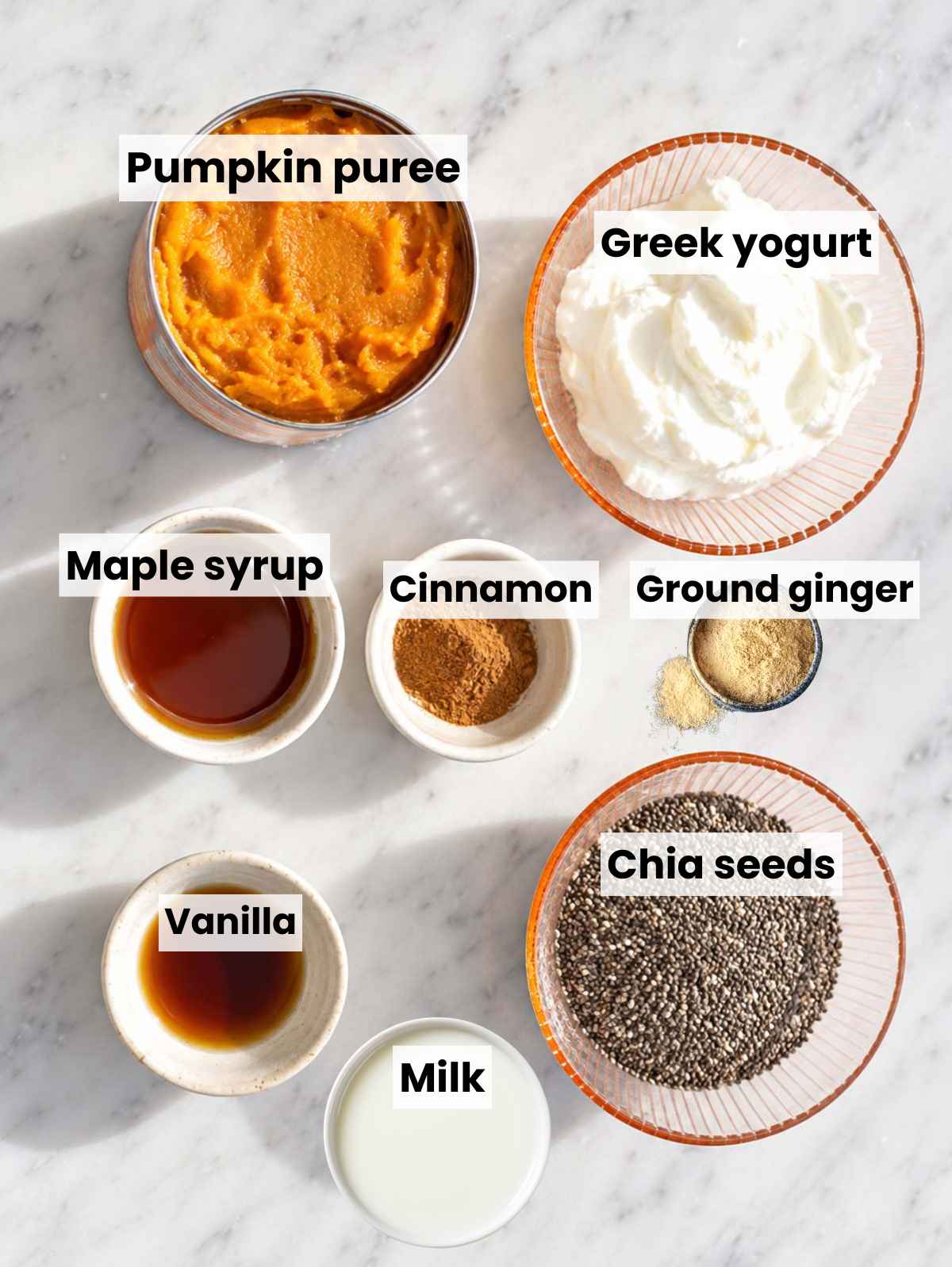 Pumpkin chia pudding ingredients arranged on marble in natural window light.